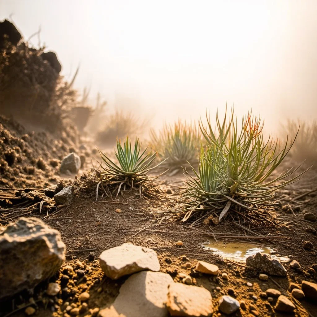 A striking quality Kodak photograph captures a wasteland with liquid and a group of plants, creepy, details of the dust very accentuated, glossy organic mass, adorned with minerals and rocks. Bathed in intense light, eerie, Max Ernst style, orange sun, fog