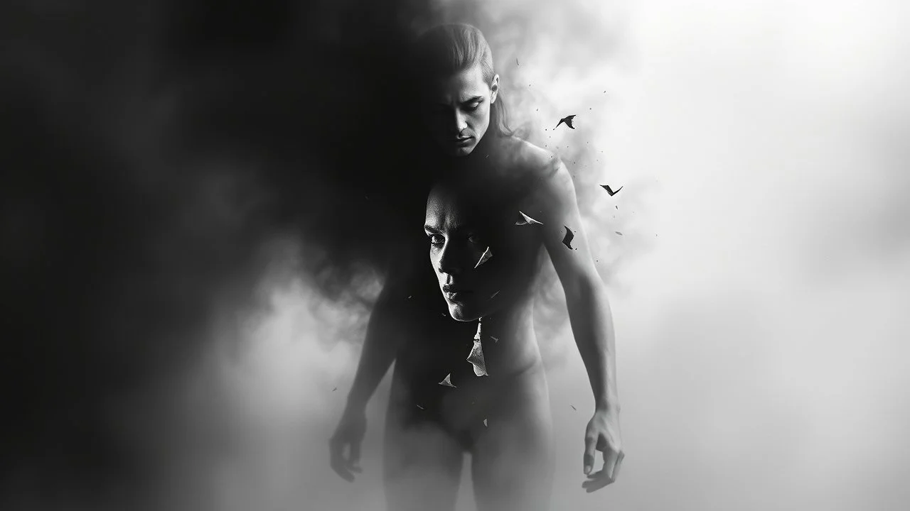 surreal vibe, grayscale, black and white, a caracter dissolving into shadows and fog, body torn into shards of light and darkness. A haunting, nightmare, composition that captures isolation, inner demons, struggle of anxiety. surreal, fog, shadows, atmospheric