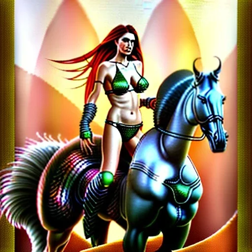 ultra detailed portrait of beautiful Red Sonja Riding a Black Horse, wearing a bikini plate armor, extremely detailed digital painting, extremely detailed face,crystal clear green eyes, in the style of robert e howard and pablo oliveira and Ken Kelley, mystical colors,perfectly centered image, perfect composition, rim light, beautiful lighting,8k, stunning scene, raytracing