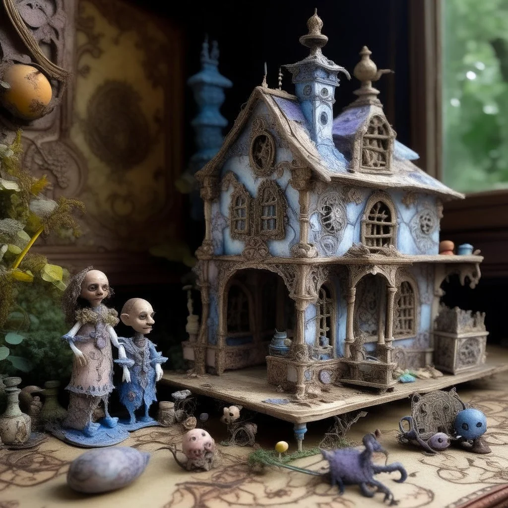 A pale purplish periwinkle haunted rotting toy workshop designed in Mehndi design painted by Gustave Courbet