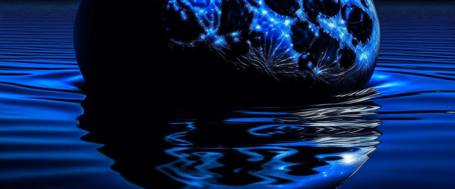 A close-up photo of the moon reflecting over the water. Colors are blue and deep blue.