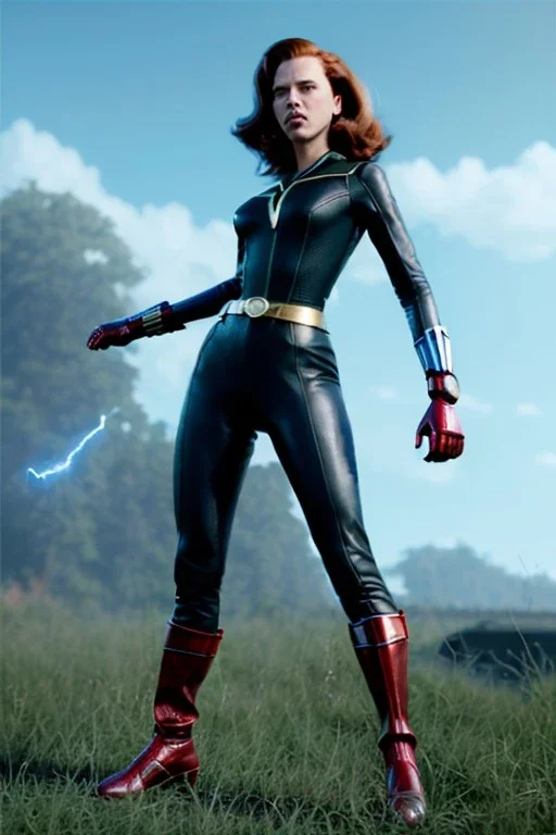 retro portrait image from 1960, sky background, wind, long red hair, fighting stance, sweet young Scarlett Johansson, black dress, classic long tight lycra black suit, gold bracelet and belt, high heel boots, superhero style, black widow, soft color, highly detailed, unreal engine 5, ray tracing, RTX, lumen lighting, ultra detail, volumetric lighting, 3d, finely drawn, high definition, high resolution.