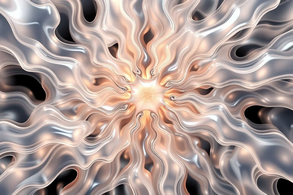 Mesmerizing abstract 3d visual, mass of flowing translucent shapes, centered, soft aesthetic, negative space.
