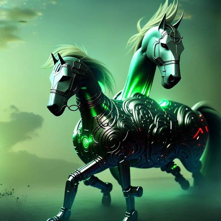 A beautiful portrait of a cyborg horse green color scheme, high key lighting, volumetric light high details psychedelic background