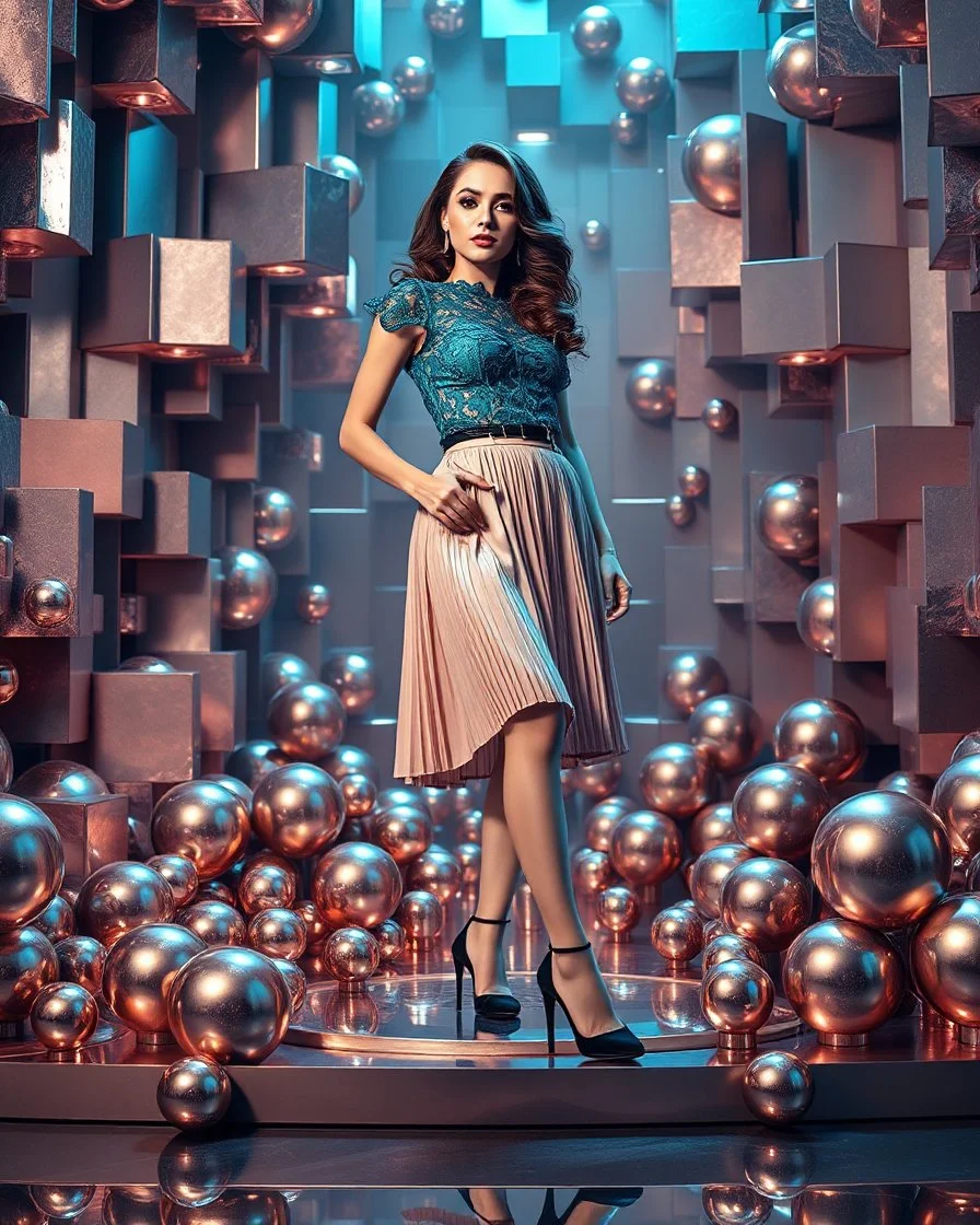 make a picture pretty stage made of metallic and crystal 3d fractal recursive cubic and sphere base structures and a beautiful fashion model lady posing with cute,with dark cyan decholte lace top and pretty pleated midi skirt,siver high heels ,makeup curvy long hair,dynamic camera zoom to full body and pan, dynamic lights.
