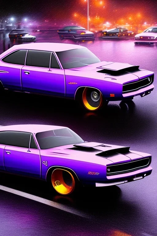 dodge super bee full body on wet road at night, hyper realistic, purple flames