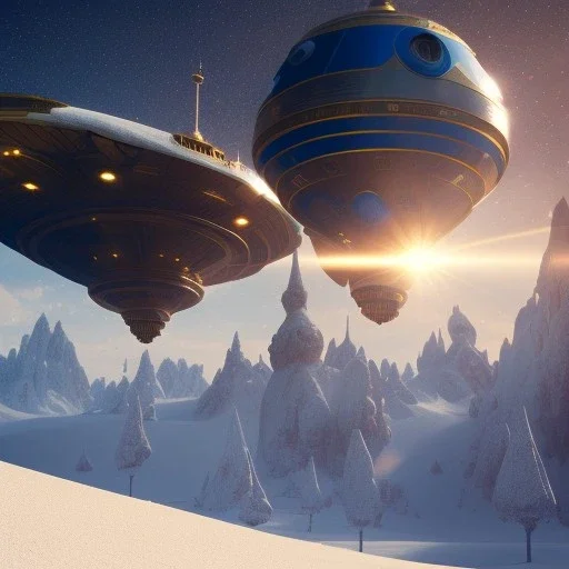 Spaceship landed on snowy mountain, sunny day. clear blue sky. gold. Elegant. Extremely detailed. Award winning photography. Fantasy. 8k. Cinematic lighting. Photorealistic. Dynamic lighting. Imperial colors. Crisp quality. Unreal Engine. Colourful cinematic postprocessing. Pixar. VRay.