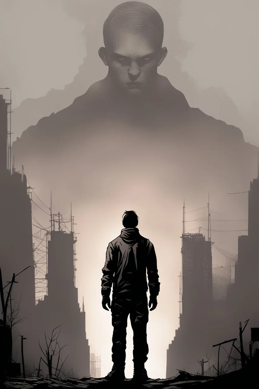 girl, standing, silhouette, comic book,post-apocalypse, gray background,