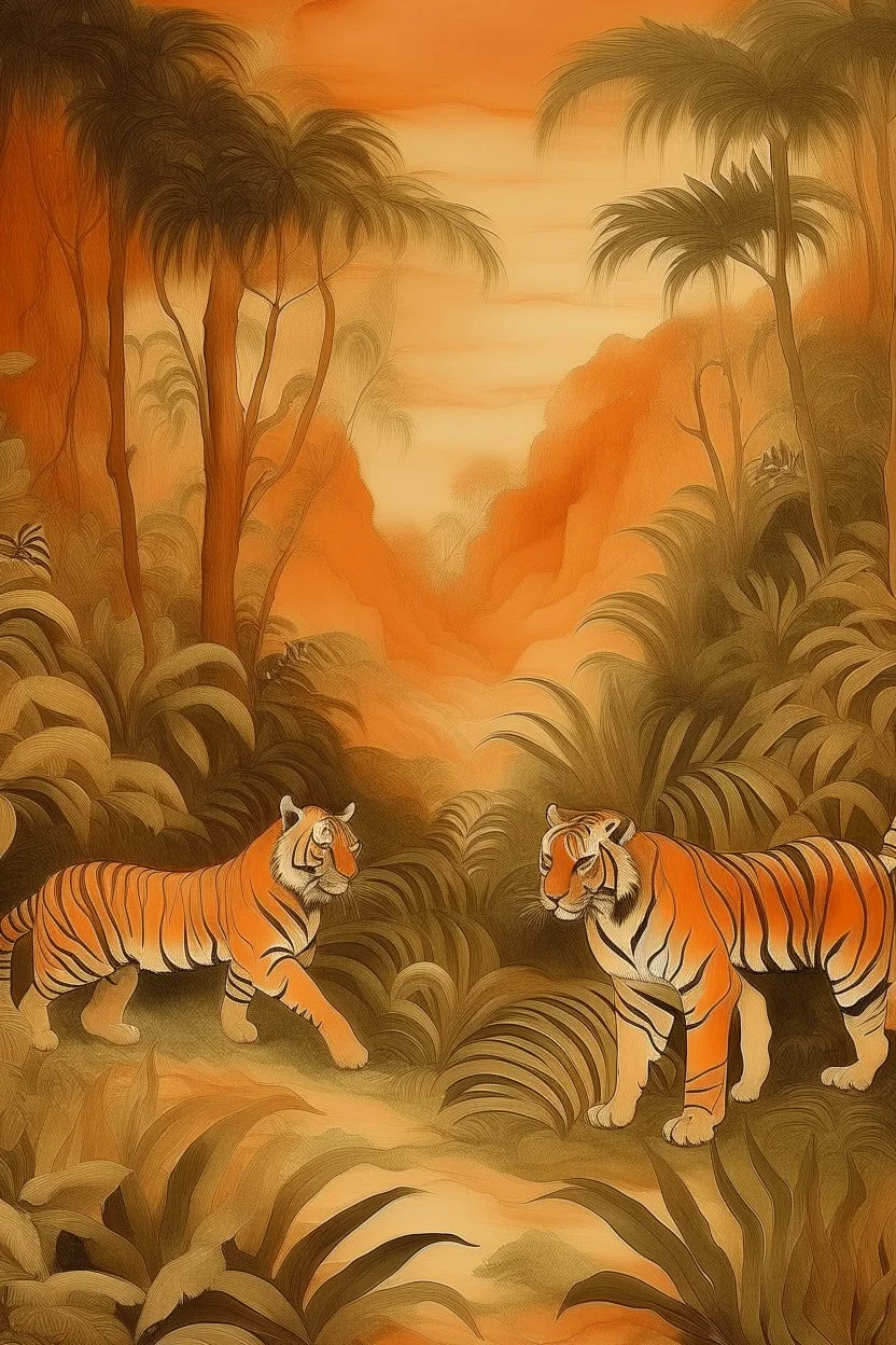 A light rosy orange colored jungle with tigers painted by Leonardo da Vinci