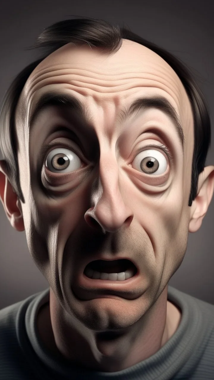 A man with big nose and big ears open his eyes wide like surprise