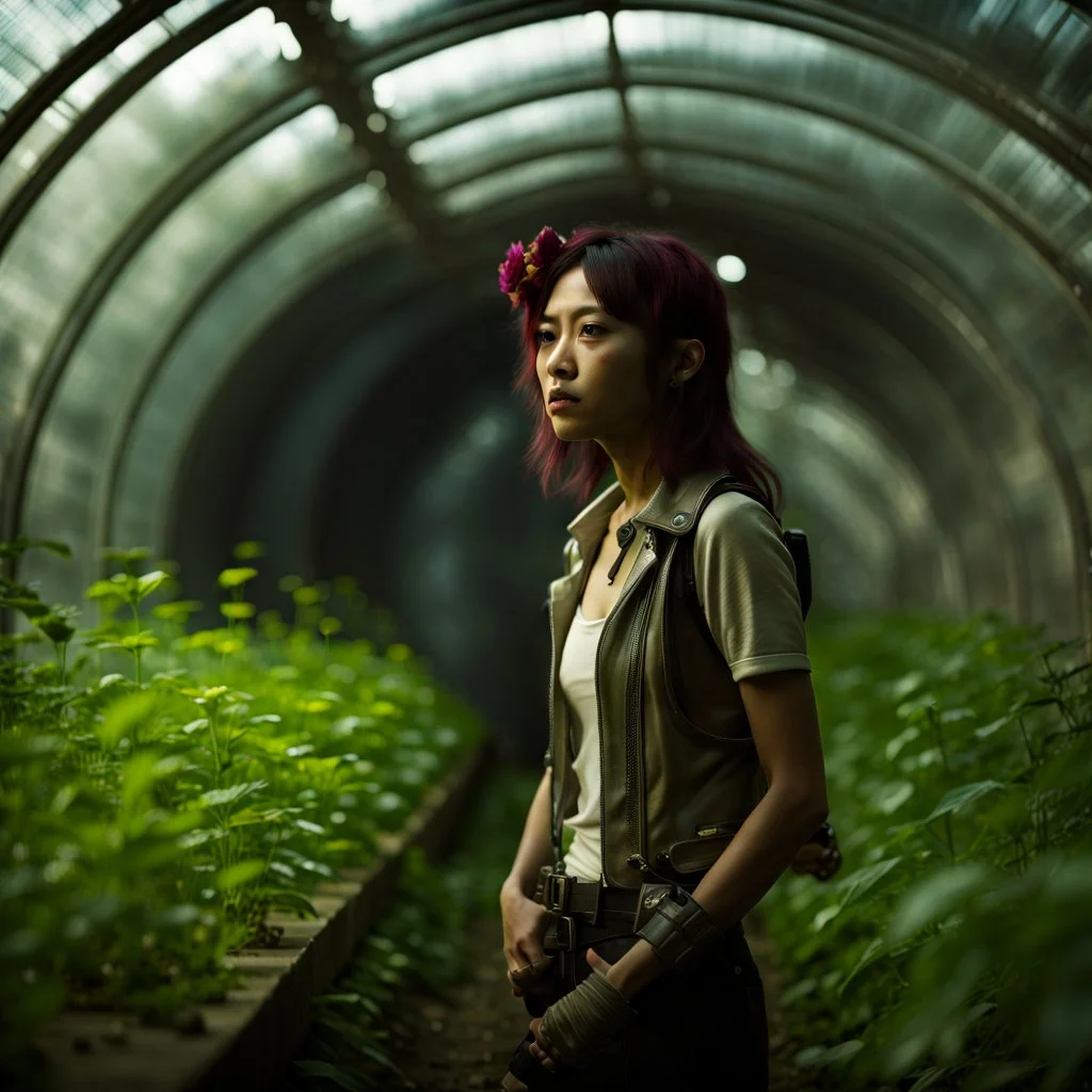 Unground solar punk tunnels, cinematic, dof background anamorphic, dystopian, sci-fi, award winning, Yui in a garden