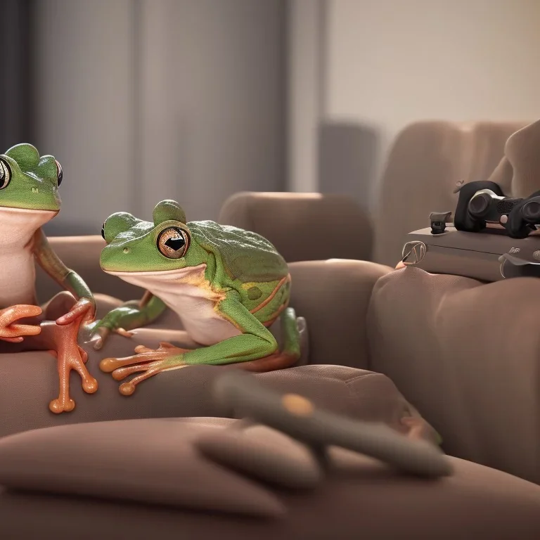 Two frogs sitting on the sofa in the living room and PS4 consoles in their hands,fantasy,4K,8K,16K