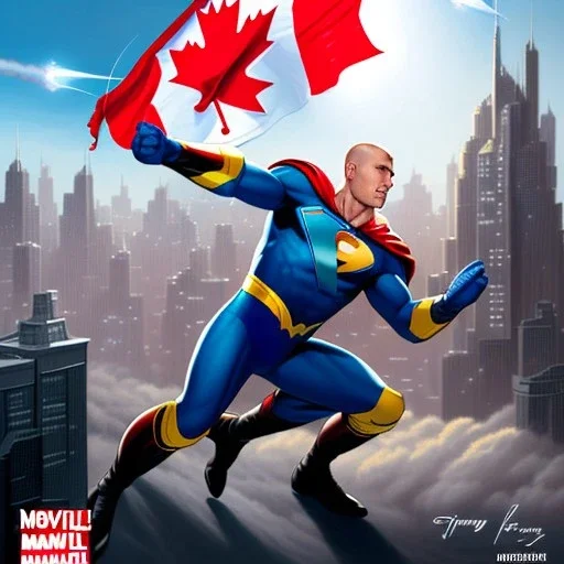 Canadian superhero throwing glass jar comic book art, background is a city with a Canadian flag, shaved head, full beard, the letter M on chest, comic book art, art style by dark horse comics, high resolution, 8k