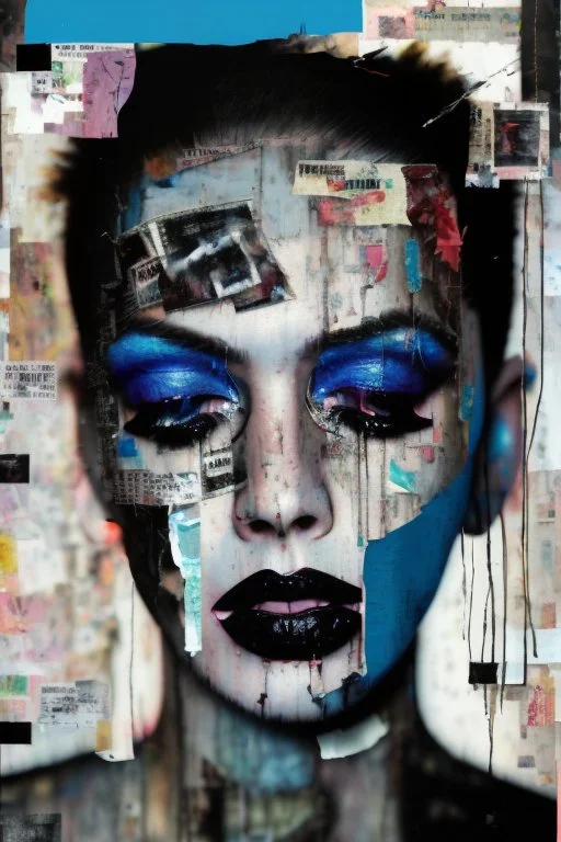 Ultra detailed medium portrait painting of a woman, abused, tears running down face, chaos and dark,torn up collage strips of photo clippings, graffiti spots in background,matrix effects, punk visual art, punk art aesthetic, graffiti art, pop surrealism, collage art, cluttered paint glitches