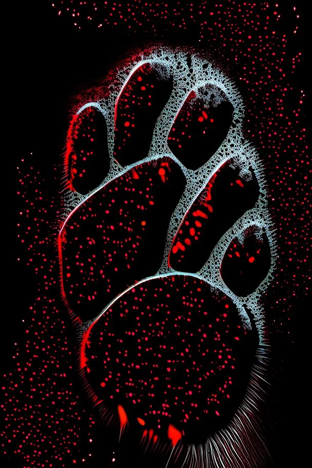 Striking image of a lion paw print, sandblasted special effect in silver and red, standing out on a black background