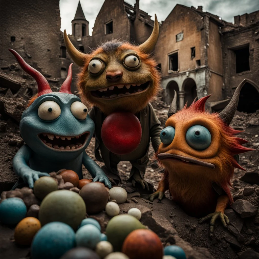 Close-up of ultra realistic odd monsters in a ruined city, after a war, vivid, ultra realistic, Hieronymus Bosch, Yves Tanguy, hypermaximalist figures, light, Italian 1970's odd movie, hilarious, fine art, Minicavio Quollati style, photography by Marlost Endgulp, dark atmosphere, obsessive, 4k, sharp focus, 3d, photorealism