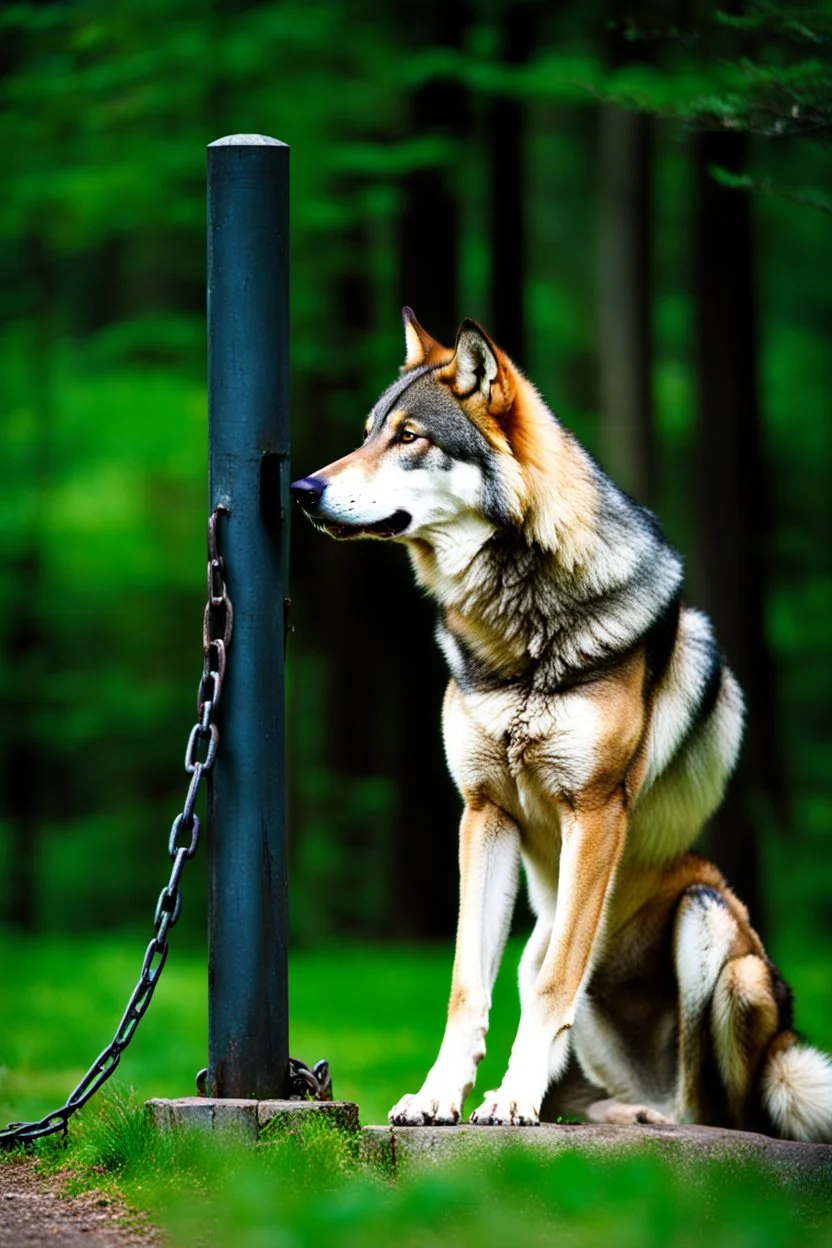 large wolf chained to a post