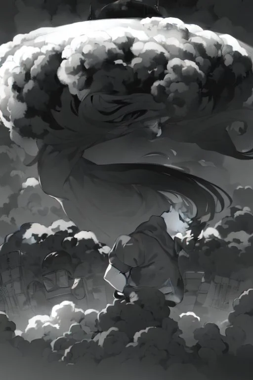 Hiroshima bomb, greyscale, manga style