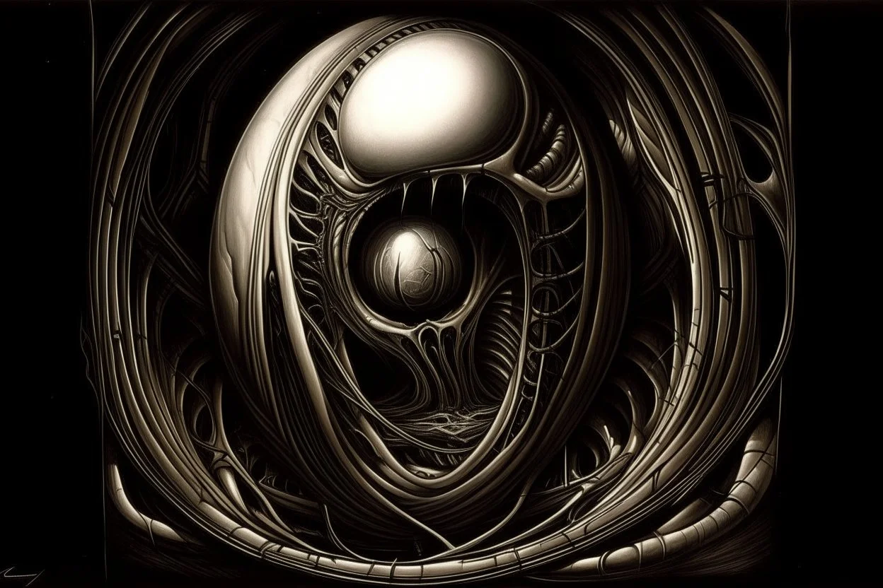 recursive alien birthing pod eschatology, minimalist composition, by Lee Bontecou and H.R. Giger, abstract surreal art