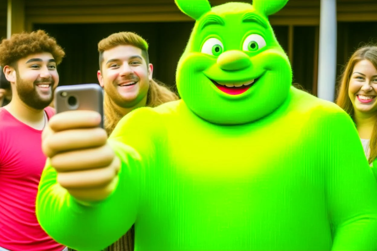 people getting a selfie with the "gingerbread man" from shrek