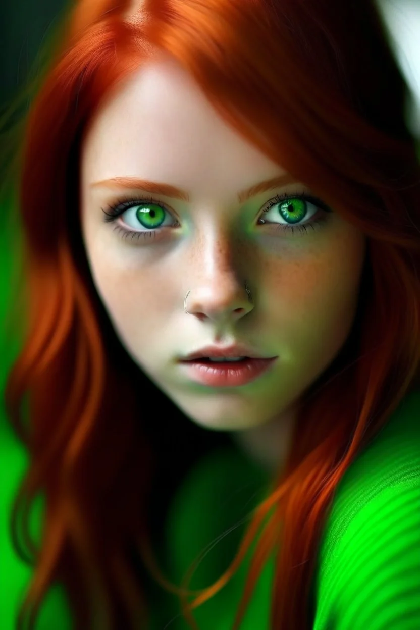 A girl with red hair and green eyes