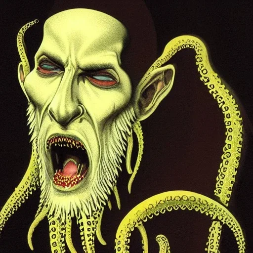 Nosferatu vampire with a beard made of tentacles as a Russian Orthodox with yellow eyes and vampire fangs