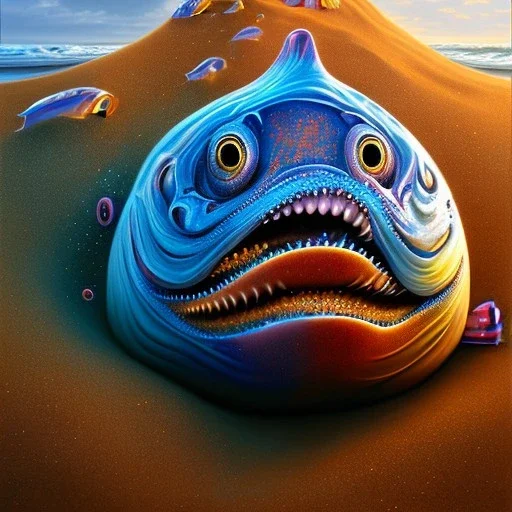 spray painting, the face of a man fish sticking out of a heap of sand on the beach