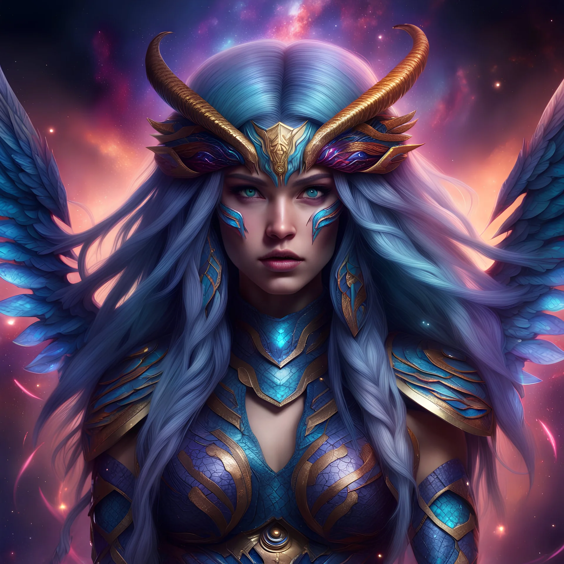 quetzalcoatl, Serpiente Emplumada , WARRIOR girl, PRETTY EYES highly detailed face, multicolored eyes , multicoloured hair, long hair, STARS GALAXY background, 4k, high resolution, CONCEPTUAL ART, CINEMATIC, PHOTO HD, MYSTIC, GHOTIC ART, FULL BODY STRONG LIKE GLADIATOR, BIG LONG WINGS METAL CYBER, HIG RESOLUTION, TRON STYLE