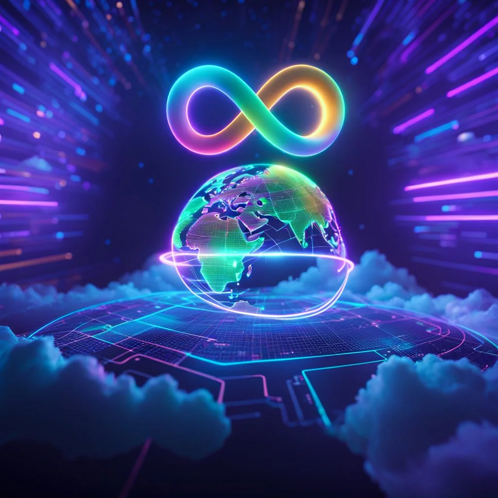 Colourful 3D glowing infinity symbol ∞, hovering above a colourful glowing cloud, network and lights coming from the cloud onto a futuristic map of the globe, inspiring, neon, glowing, friendly, beautiful, octane render, 8k post-production, artstation: award-winning: atmospheric: commanding: fantastical: clarity: 16k: ultra quality: striking: brilliance: liquid medium: stunning colors: amazing depth; lens: f/8, 28mm