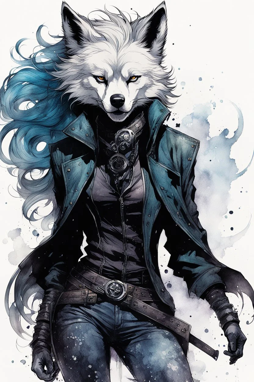 ink wash and watercolor full body concept illustration of an anthropomorphic, fanciful Arctic Wolf, goth punk thief girl character with wildly flowing hair, ornately dressed with highly detailed feathers and facial features in the comic book style of Bill Sienkiewicz and Jean Giraud Moebius, with a fine art aesthetic, highly detailed , boldly inked, 4k UHD cinegraphic quality