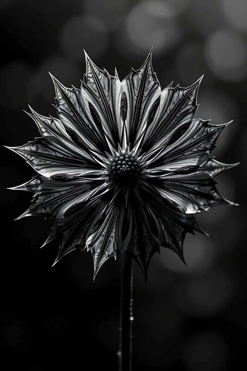 Realistic x-ray weed flower, slant angle, tilt art bokeh, dark shadowy scene. flower of death , sharp jagged petals surround the center. metaphorical, fantasy artwith intricate details, texturized effect, black and white, inspired by Hugh Turvey, Bert Myers and flower photography, enhanced with dramatic lighting