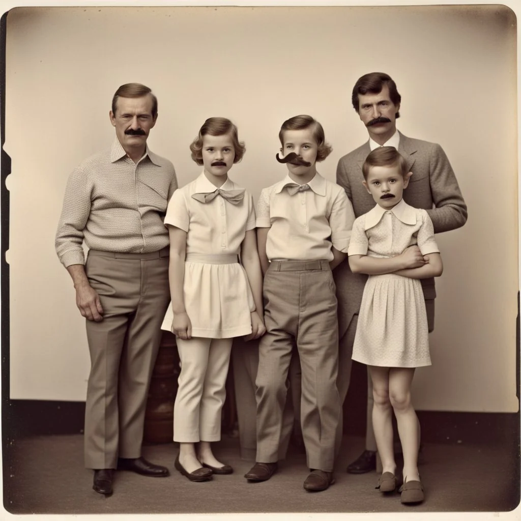 awkward family photo, all wearing the same type of clothes, 1960s, big mustaches, polaroid