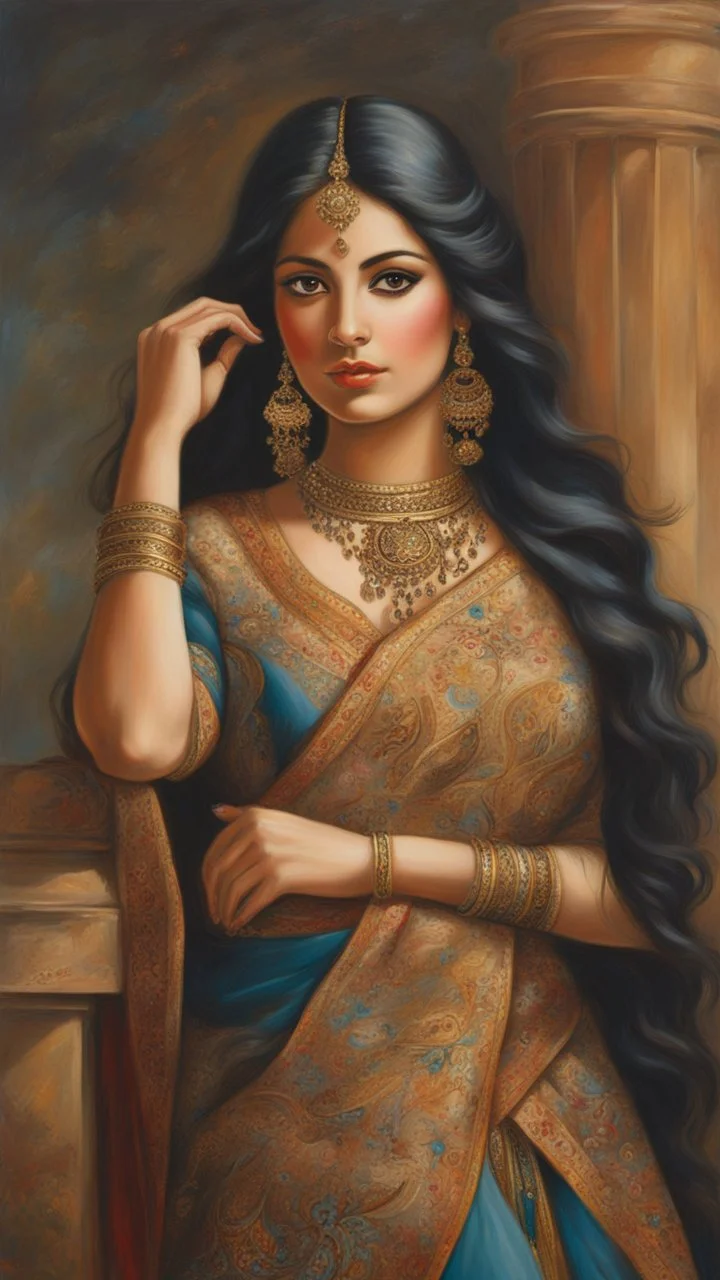 A stunningly radiant Persian woman, her face exudes timeless beauty and grace. Captured in a mesmerizing oil painting, every brushstroke delicately portrays her luminous complexion, enchanting brown eyes, and cascading raven-black hair. The artist's attention to detail brings out the intricate patterns of her traditional attire, adorned with vibrant colors and ornate gold embroidery. This exquisite portrait is a testament to the meticulous craftsmanship and expert artistry, transporting viewers