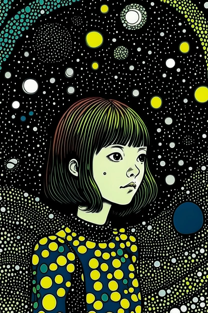 Gogh-like half alien half-Yayoi Kusama lady, colored ink art. She is young and cute and is looking up at a spaceship in distance. It’s dark and gloomy. Some light comes from above.