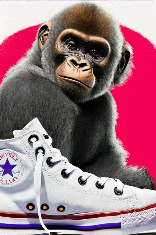 a profile picture of a small gorilla sitting in a purple Converse sneaker, like it's a car, comic style