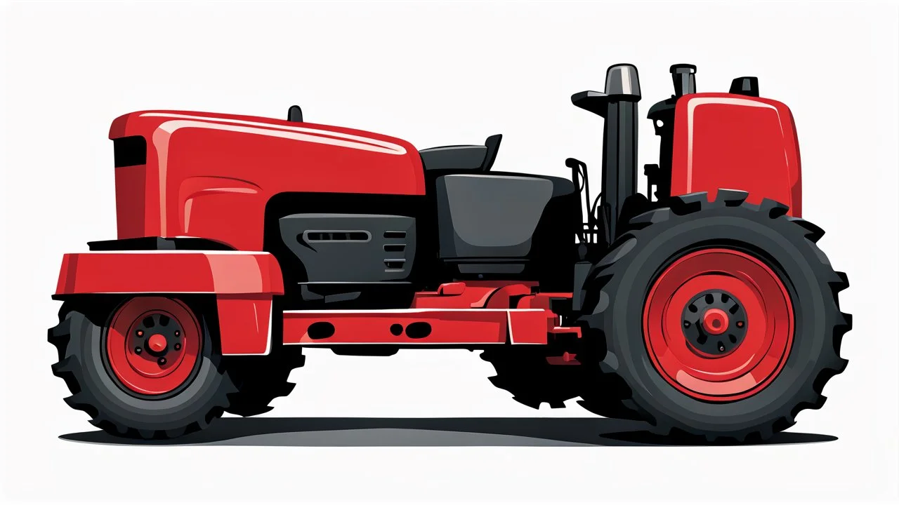 side view of a modern tractor(red) with black wheels, smooth vector clipart