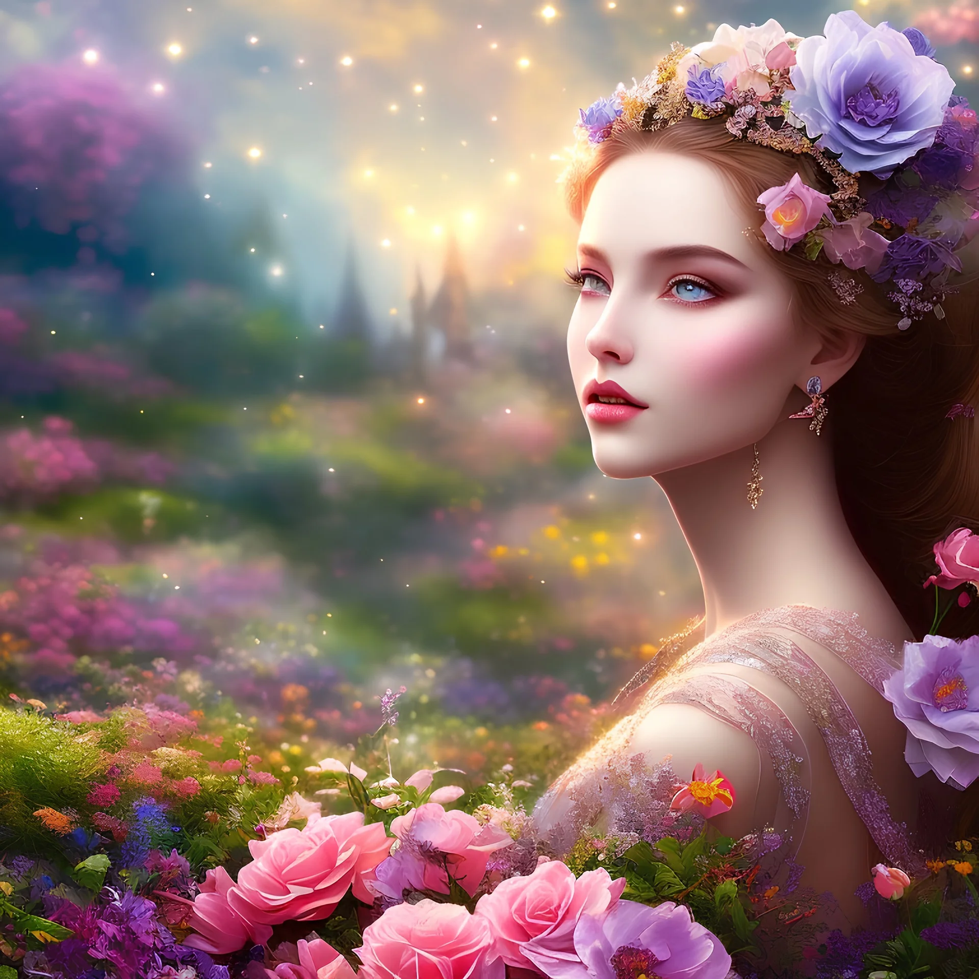 bright fairy, beautiful portrait, flowery landscape