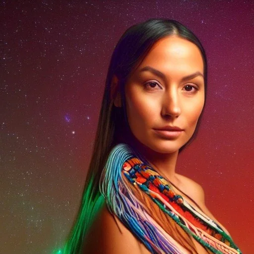 subtle delicate indigenous woman in a galactic ambiance