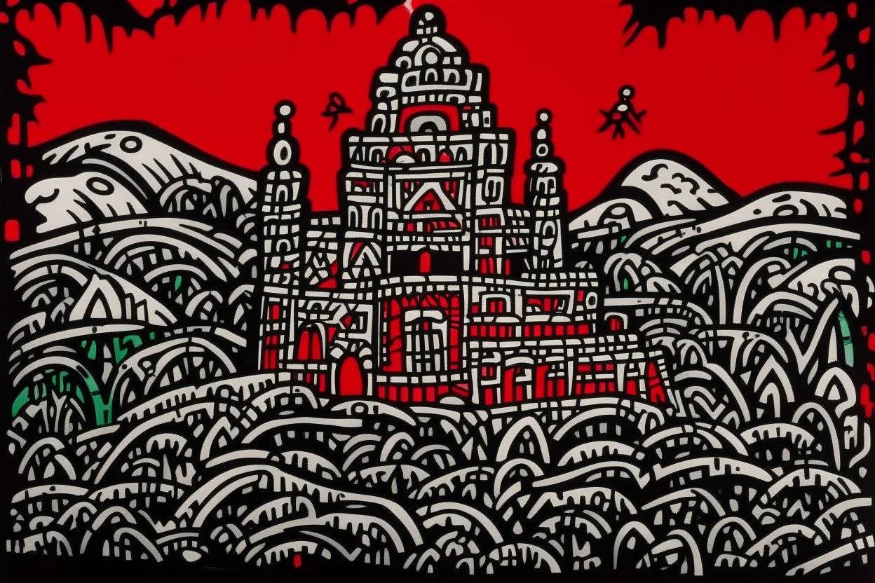 A dark blackish red vampire castle in a frozen peak painted by Keith Haring