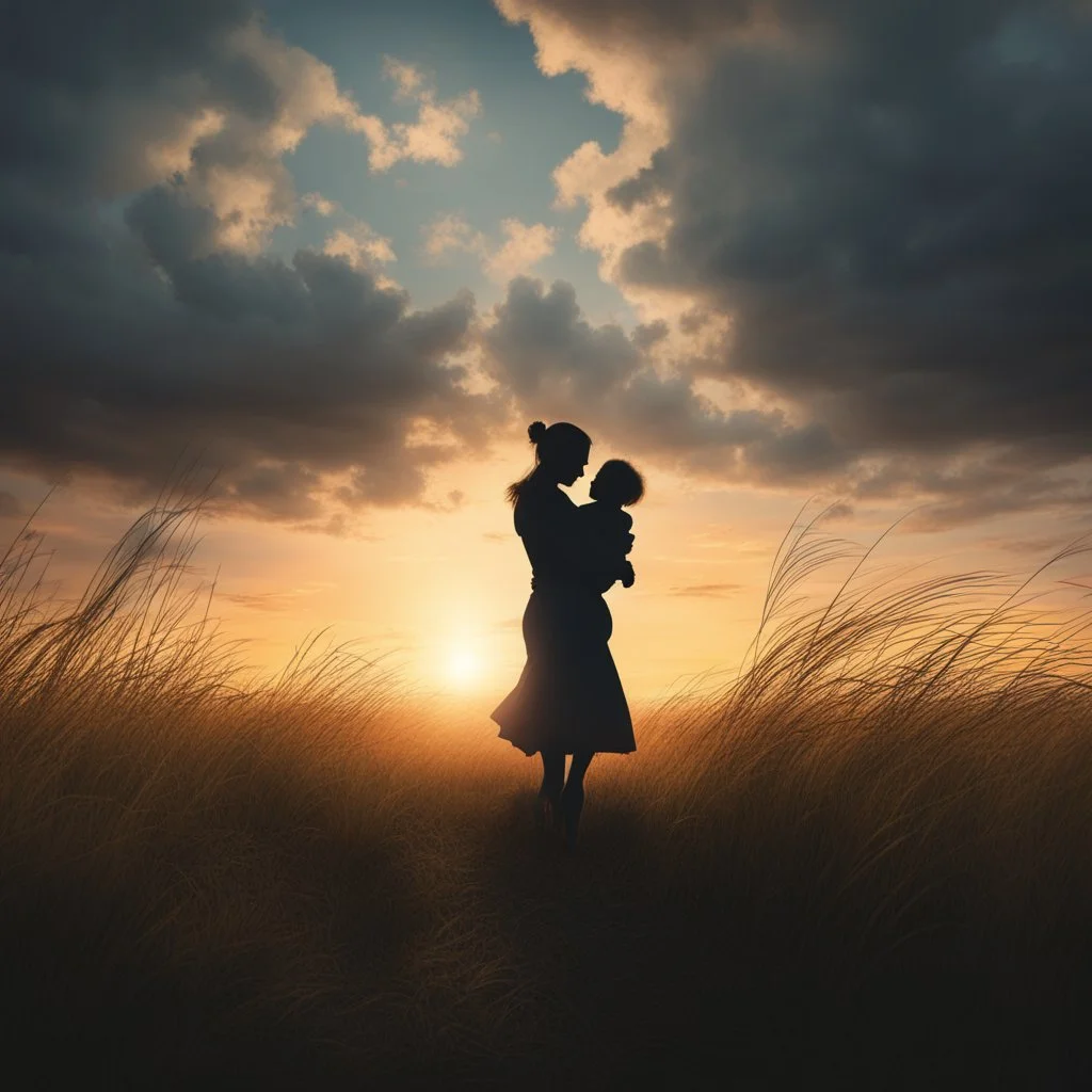 Hyper Realistic Silhouette of a mother carrying her child at cloudy sunset in a field with tall grass & a old-thick-tree showing cinematic & dramatic ambiance