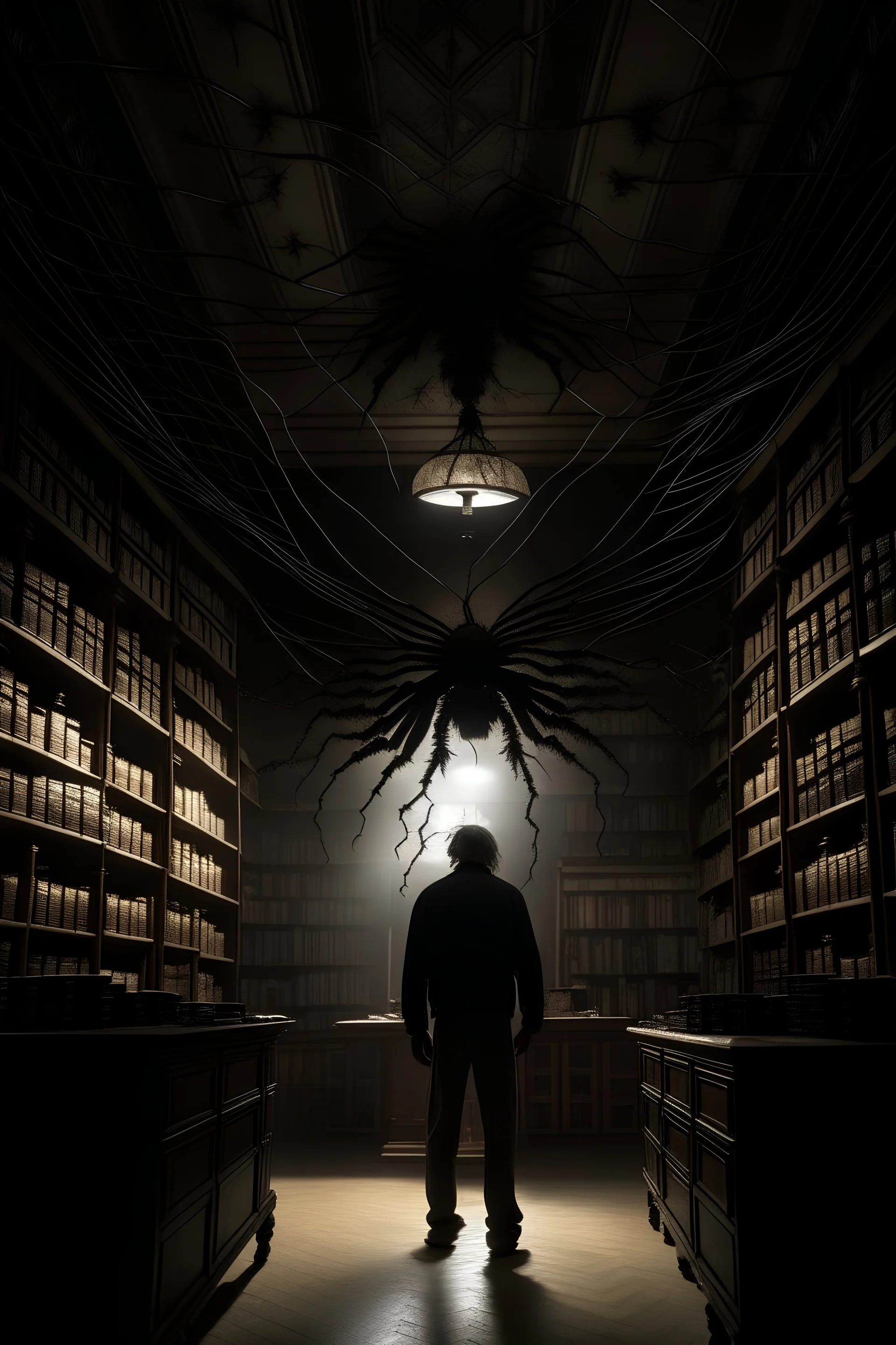 a man illuminated only by a band of light coming from the ceiling of an old bookstore protected by a huge black spider
