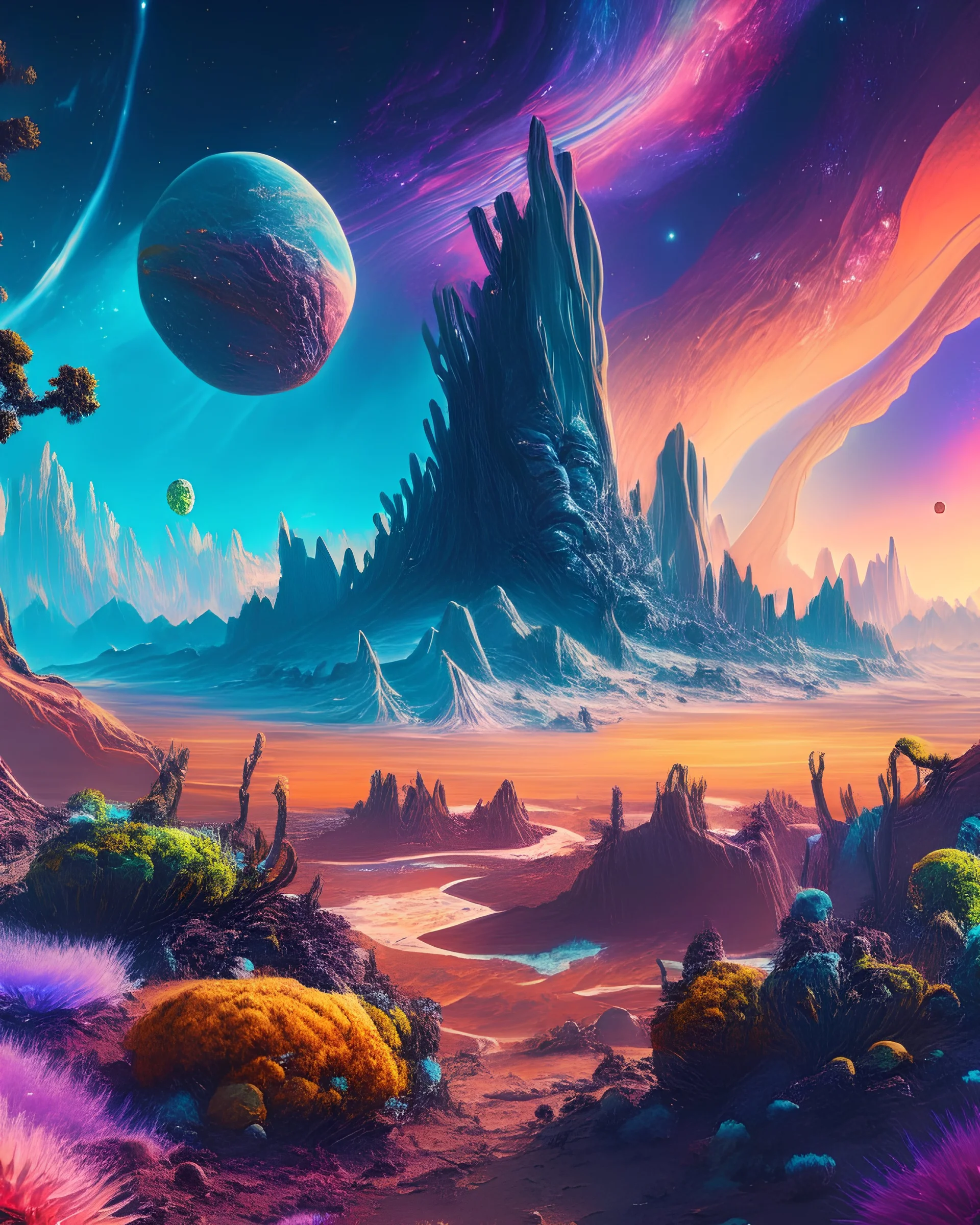 A breathtaking panorama of an alien landscape, with towering crystalline formations, glowing flora, and a vast, multicolored sky filled with celestial wonders. The scene is filled with a sense of awe and mystery, inviting the viewer to explore the uncharted terrain and ponder the unknown. 16K resolution, vivid colors, and imaginative details make this image a feast for the eyes.