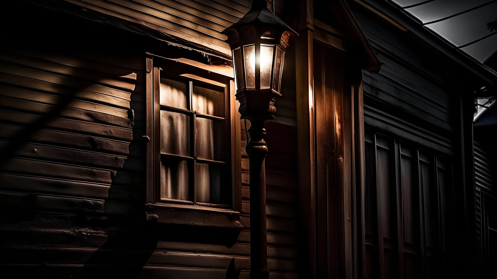 Dim light from an old street lamp sheds light on a dilapidated house