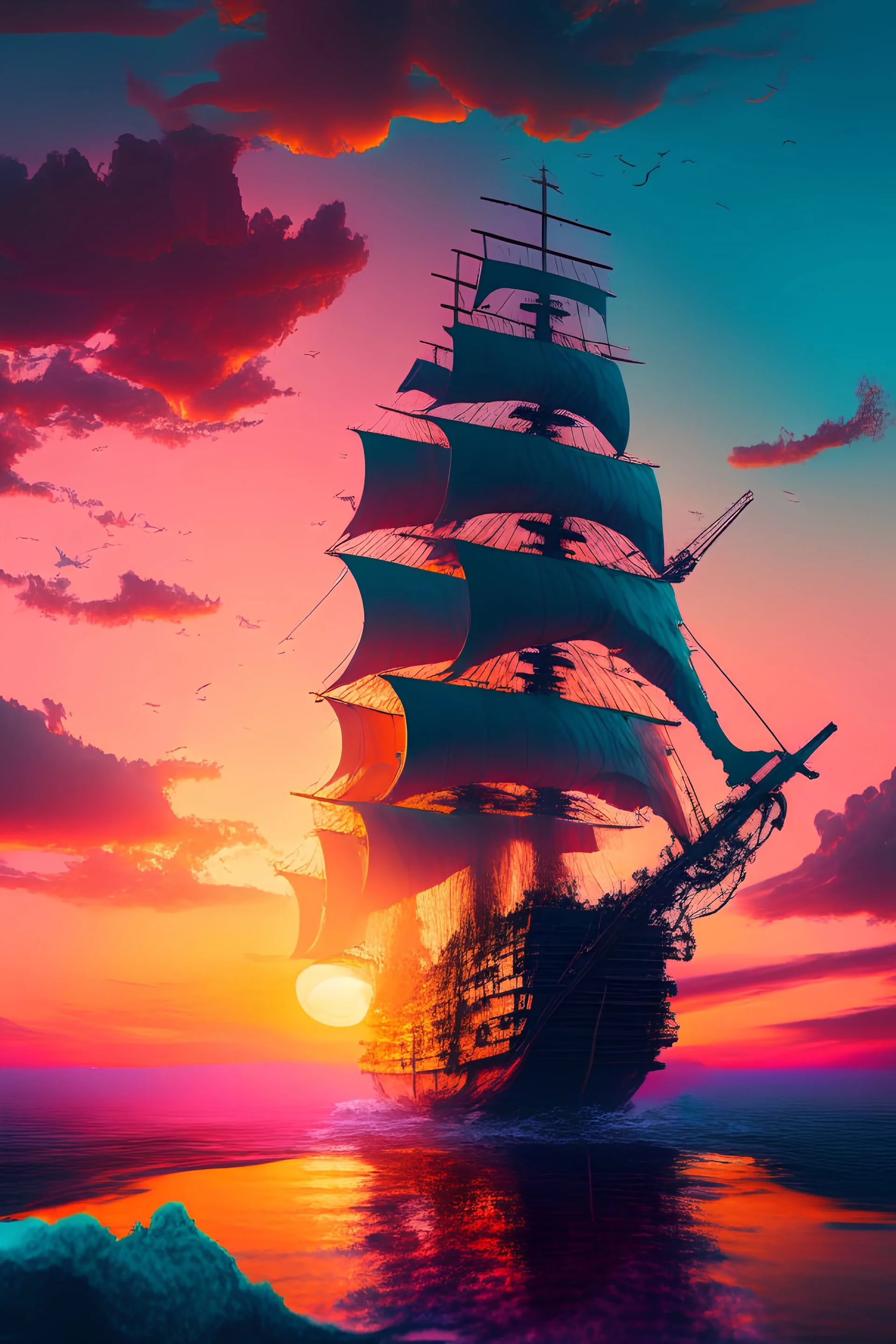 The ship on the sea at sunrise with a wide imagination and great colors 8K