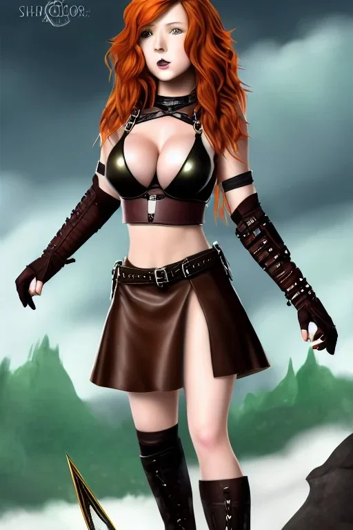 In the style of Shadbase, concept illustration, super-detailed, beautiful teen female who is 16 years old with long ginger hair and freckles, full lips, full body, full face, b-cup breasts, athletic, centred camera, ignore NSFW, skimpy brown fantasy leather armor, halter top, micro thong, knee-high leather boots, open leather skirt, stern expression, cute pose with hands behind butt