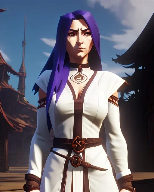 female monk healer, lathe build, wearing white robe, small boots, light white crop top, big detailed eyes, eyes are both in proportion, eyes with pupils, 3/4 look, long red hair, hair has one dark streak, small up turned nose, large breasts, small waist, round butt, standing, dark cobblestone alley, one halo white light behind head, non photorealistic rendering in the art style of j.scott campbell