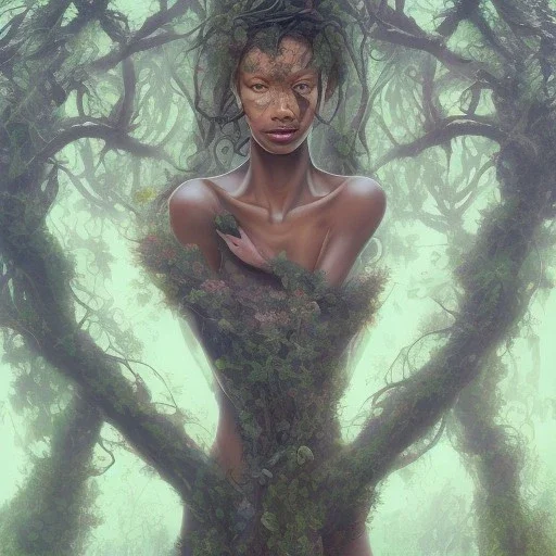 Painting .the face of A young black woman. A wood nymph emerging from the forest. Her hair looks like leaves. Her skin looks like tree bark. Her clothing is made of vines, grass and hair