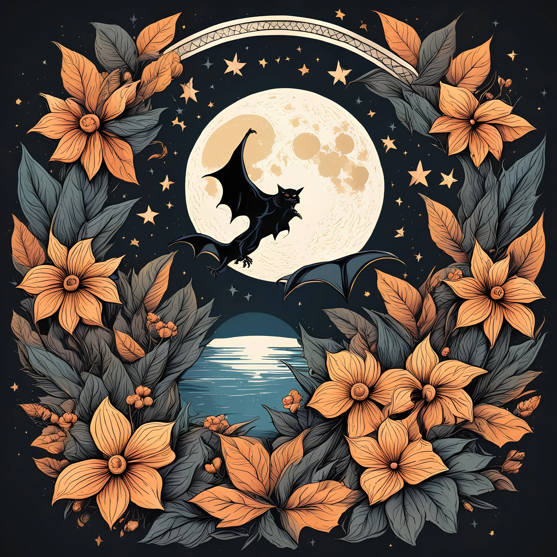 Best quality, masterpiece, ultra high res, detailed, illustration, design, flat vector style, high resolution, illustraTed, shadows and light, aesthetic, modern, ambient lighting, flat colors, vector illustration, bat, moon, leaves, stars, flowers, sailor jerry tattoo, old school tattoo