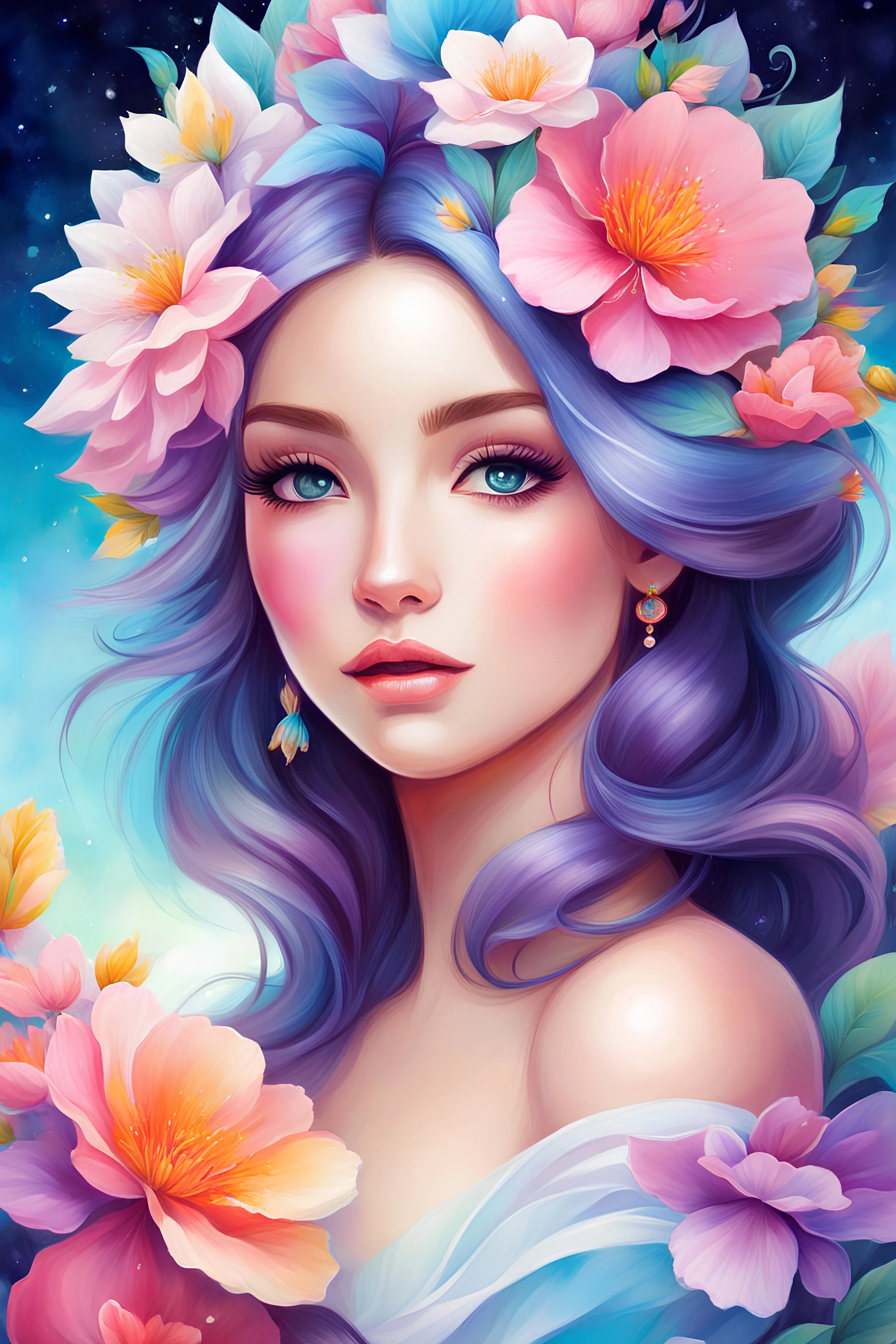 a painting of a woman with flowers in her hair, rossdraws pastel vibrant, beautiful fantasy art portrait, by Jeremiah Ketner, beautiful fantasy portrait, girl in flowers, woman in flowers, beautiful anime portrait, inspired by Anna Dittmann, colorful watercolor painting, watercolor detailed art, vibrant watercolor painting, exquisite digital illustration, by Anna Dittmann, stunning anime face portrait