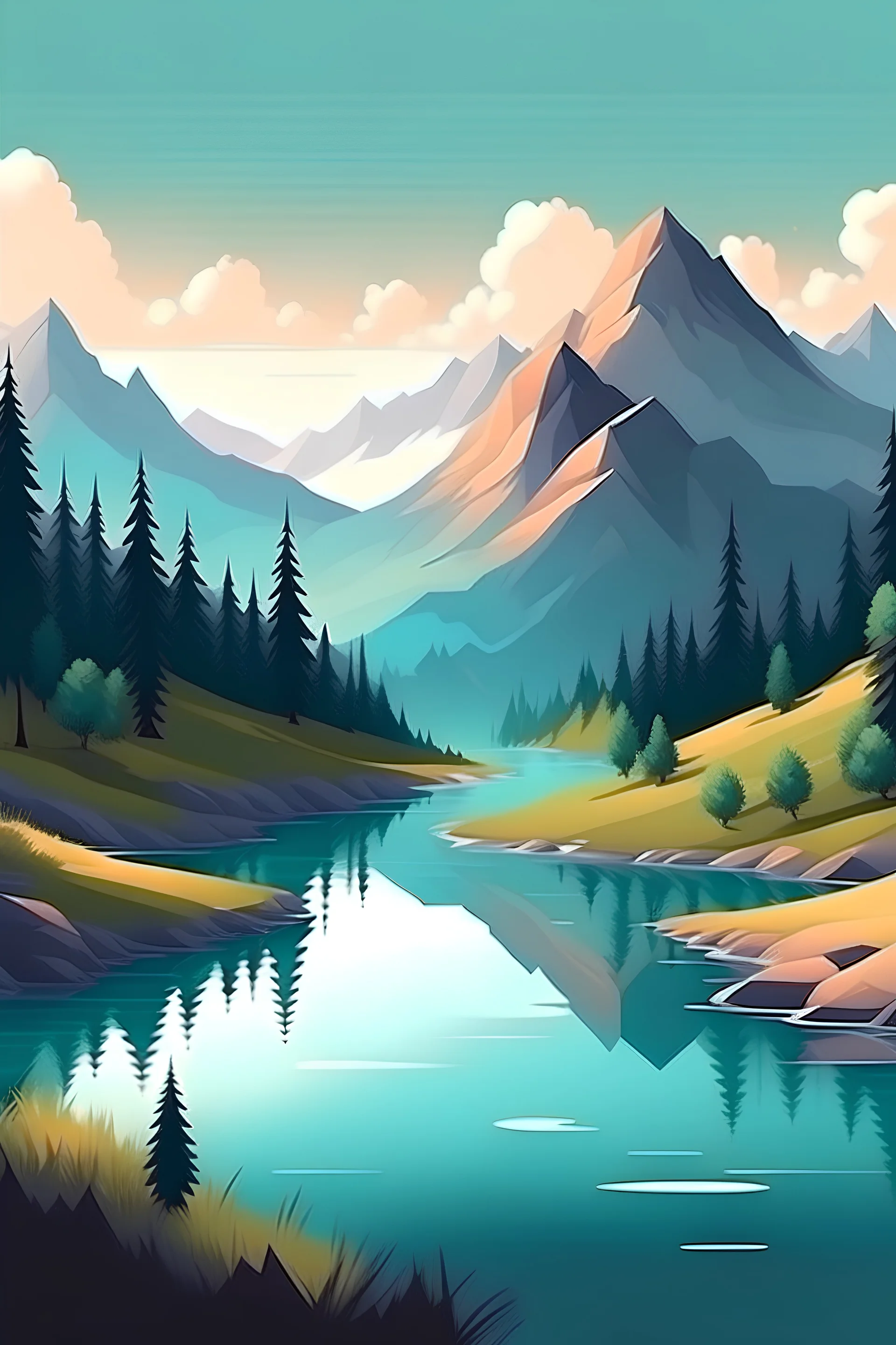 realistic landscape with mountains forest and a lake